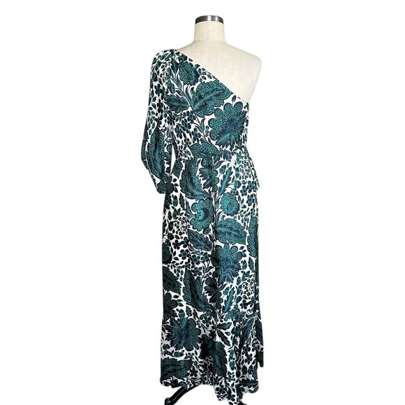 J. CREW Collection One Shoulder Ruffle Trim White Green Blue Floral Print Maxi - Picture 3 of 10